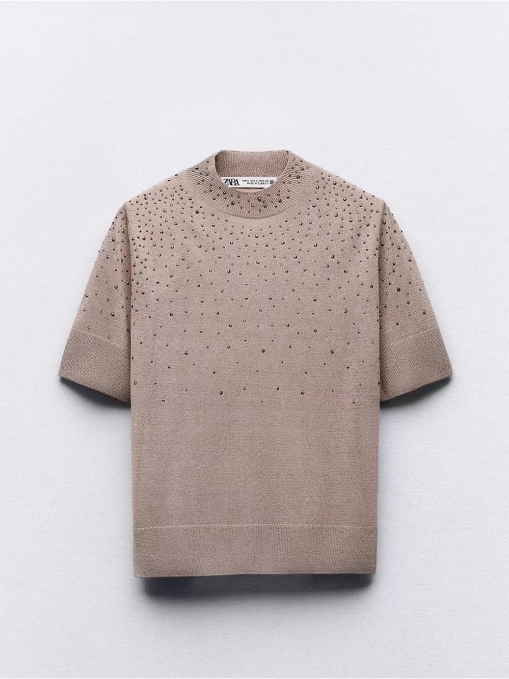 Zara Taupe Beaded Crewneck Short-Sleeve Sweater